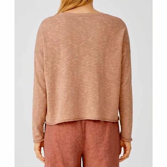 EILEEN FISHER Sweater Top Organic Cotton Linen Slub Boxy Pocket Tan - Picture 2 of 6